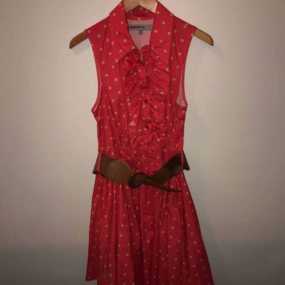 Coral polka dot dress with belt